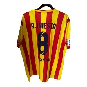 Nike 2013/2014 FC Barcelona Away Soccer Jersey. Catalan Flag. Legend #8 Iniesta.